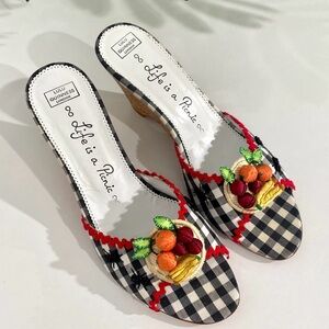 Lulu Guinness Black & White Gingham Slides with Fruit Embroidery